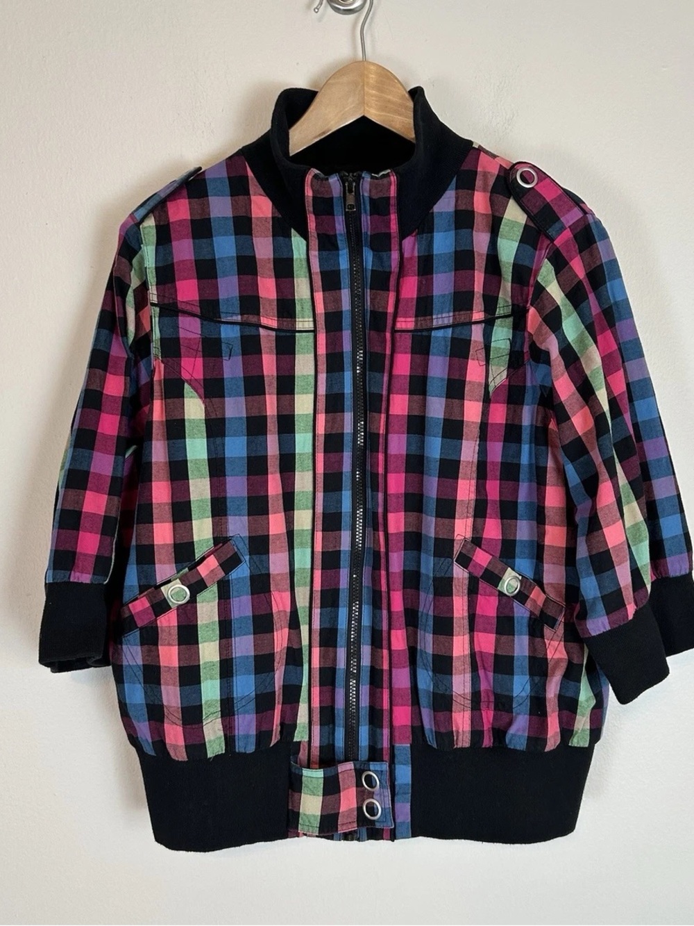 I.Q.  Plaid Zip-Up Jacket in Pink Multi